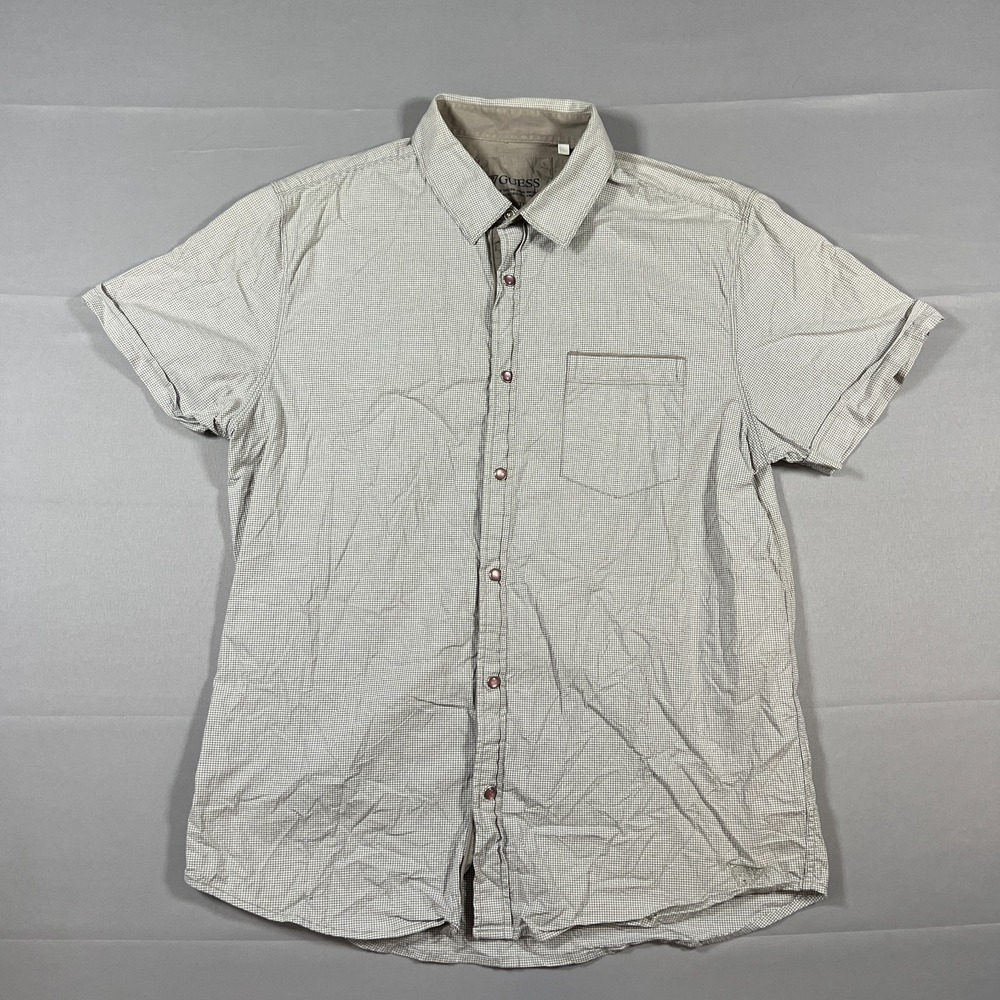 Guess Shirt Mens XL Gray Gingham Check Cotton Pearl Snap Button Up Short Sleeve
